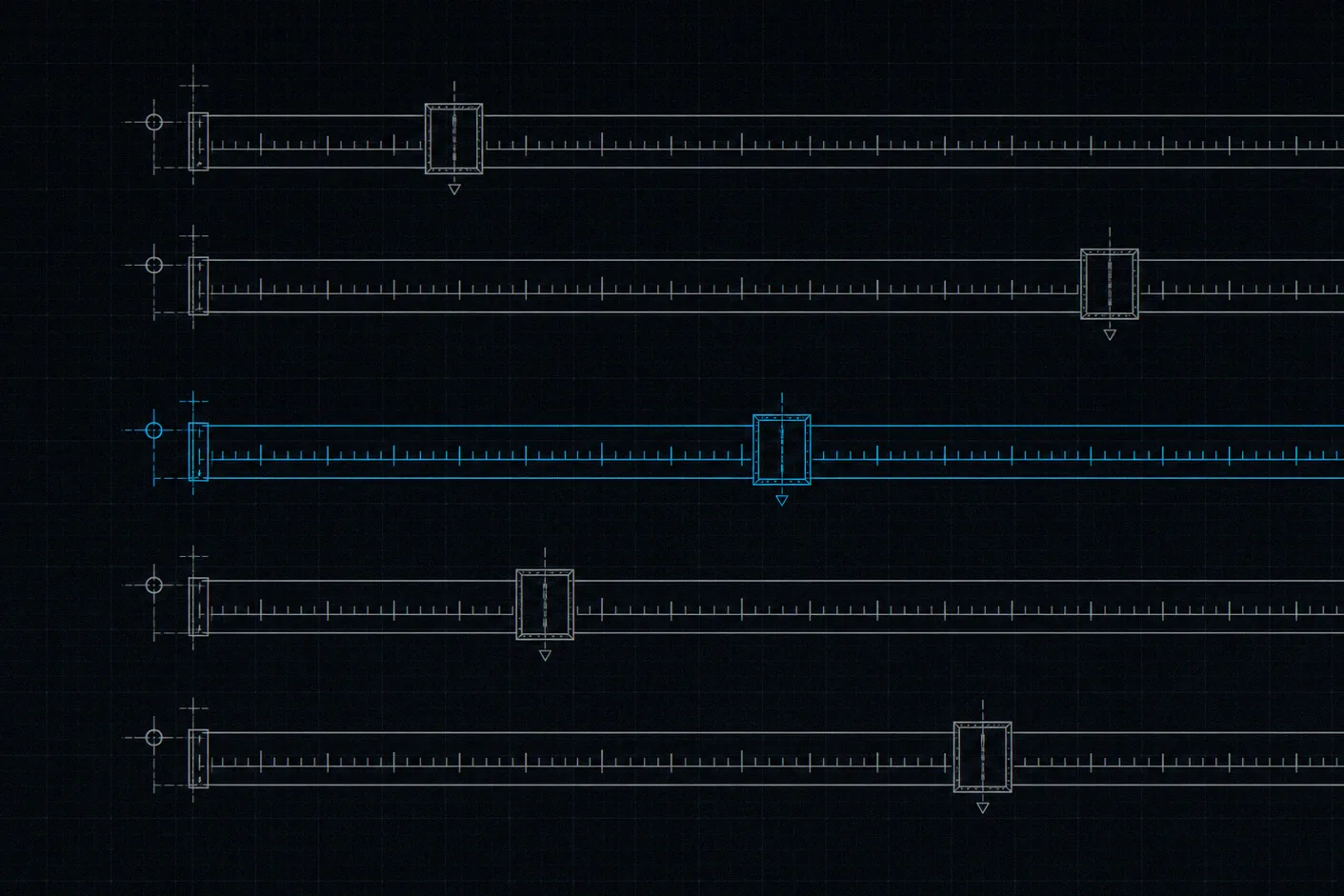 Five parallel indicator bands on a measured blueprint scale