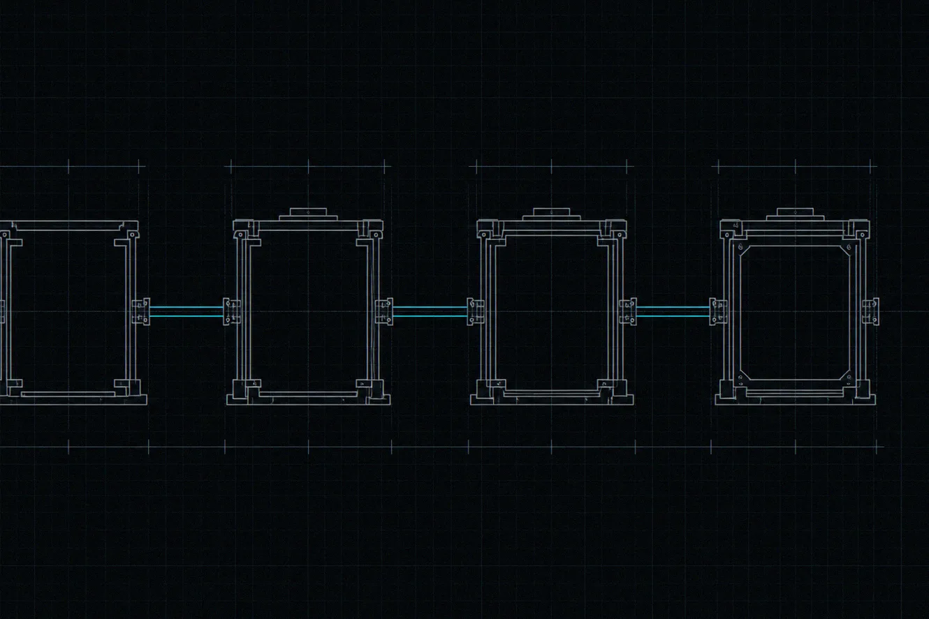 A five-stage handoff pipeline drawn as connected measured stations