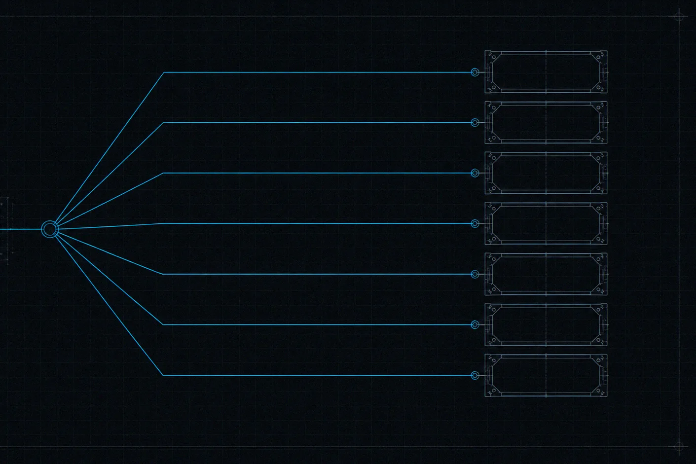 One brief line fanning out into eight separate measured channels
